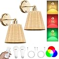 Frideko Rattan Rechargeable Battery Operated Wall Sconces Set of Two with Remote, RGB 15 Colors Dimmable Wireless Wall Light, Indoor Wall Lamp with 3 Timer, Farmhouse Boho Wall Lighting for Bedroom