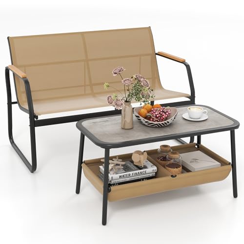 COSTWAY Conjunto Jardin Exterior de 2 Piezas, Banco Mecedora de 2 Plazas, Mesa de Café con 2 Compartimentos de Almacenaje, Mesa y Silla Terraza, Muebles Jardin Terraza Balcon Exterior