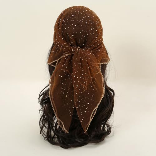 Women's Glitter Decor Head Scarf 31.5” Rhinestone Sparkle Sequin Square Hair Wrap Scarves Summer Fashion Mesh Bandana (Beige,80 * 80cm)3