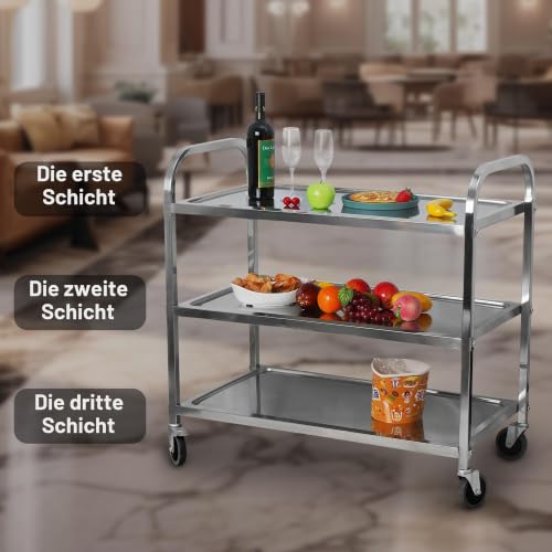 Foto von uyoyous Servierwagen 95x50x95cm Edelstahl 3 böden Küchenwagen Transportwagen Edelstahl mit 4 360° drehbare Rollen (2X bremsbar) für Restaurant Küchen oder Hotel