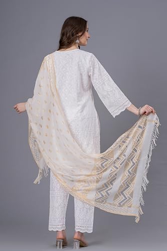 LONIX Women's White Chikankari Kurta Set – Hand Embroidered Cotton Kurti Pant & Dupatta – Traditional Indian Tunic Dress4