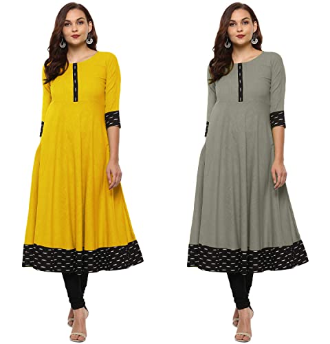 Image of NATEK Plain Cotton Readymade Anarkali Top Dress for Ladies Women - Combo Set of 2 Yellow, Grey Color XX-Large Size