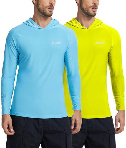 2 Pack Men’s UPF 50+ Fishing Shirts Long Sleeve UV Sun Hoodie Quick-Dry Swim Rash Guard Lightweight Shirt for Outdoor