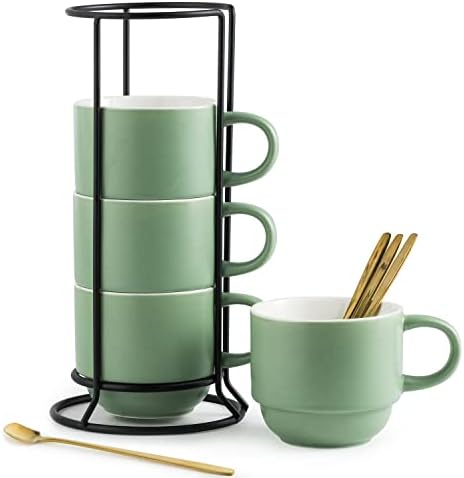YHOSSEUN 11 Oz Coffee Mugs with Rack and Metal Spoon - Porcelain Coffee Cups with Stand for Espresso, Latte, Cappuccino - Ceramic Tea Cup Demitasse Cups Set of 4 for Coffee Time, Green
