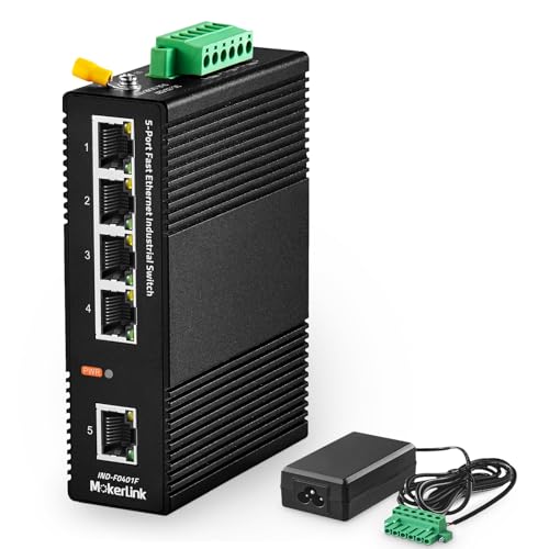 Image of MokerLink 5 Port Industrial DIN-Rail Network Switch, 10 /100Mbps Fast Ethernet, IP40 Rated Network Switch (-40 to 185F), with UL Power Supply