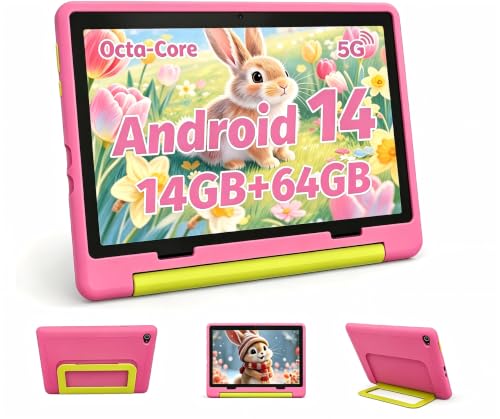 MUISOO 10 Zoll Kinder Tablet mit Hülle, Android Tablet für Kinder 3-12 Jahren, 14GB+64GB (1TB TF Expand), Octa Core CPU, 1280 * 800 HD Display, WiFi 6, BT5.3, Dual Kamera Tablets Tab Pad, Rosa
