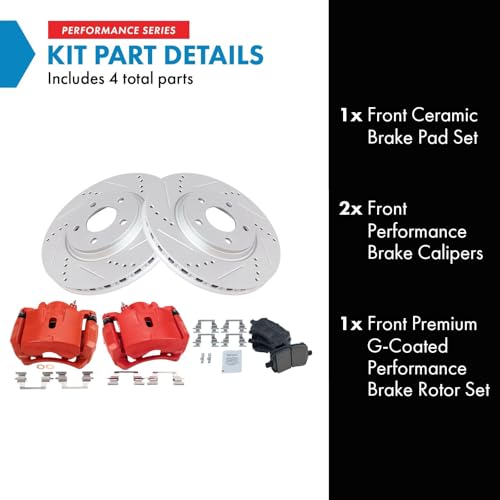 Image of TRQ Performance Front Brake Pad and Rotor Set Ceramic Coated Drilled | For 2007-2012 Chevrolet Malibu 2007-2010 Pontiac G6 2007-2009 Saturn Aura