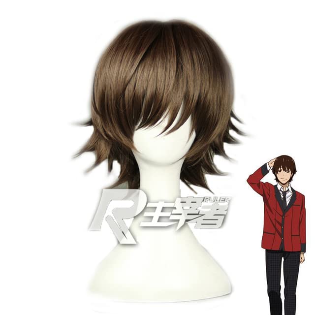 Peluca de cosplay de anime Kakegurui Compulsivo Gambler Cosplay Pelucas Suzui Ryota Brown Corto Resistente al Calor, Peluca de pelo sintético