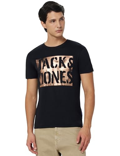 Image of Jack & Jones Men's Typography Printed Round Neck Short Sleeves Cotton Slim Fit Letter Print T-Shirt