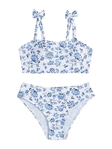 Floerns Girl's 2 Piece Swimsuits Floral Print Bowknot Beach Bathing Suit