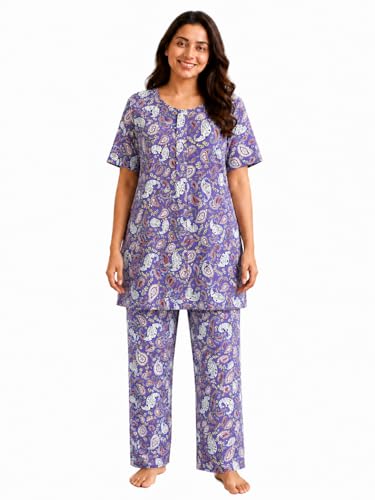 Image of KIAWAH Women Printed Night Suit Set, Cotton Blend Night Suit, A-Line Top and Pajama Set, Soft and Breathable Night Wear