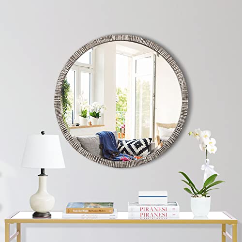 Gifttrove 24" Round Wood Mirror, Rustic Circle Wall Mirror With Beveled, Wooden Round Mirror For Wall Decor, Decorative Wall-Mounted Mirror For Entryway, Living Room, White Washed Frame #TOP7