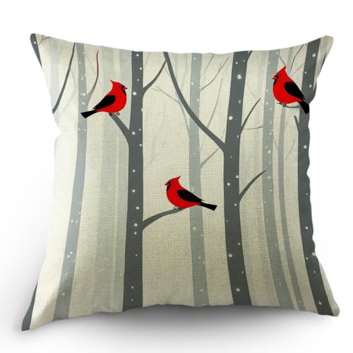 Moslion Throw Pillow Cover Red Cardinal Bird On The Birch Animal Winter Trees Branch Forest Snow Nature Square Pillow Case Cushion Cover for Home Car Decorative Cotton Linen 16x16 Inch