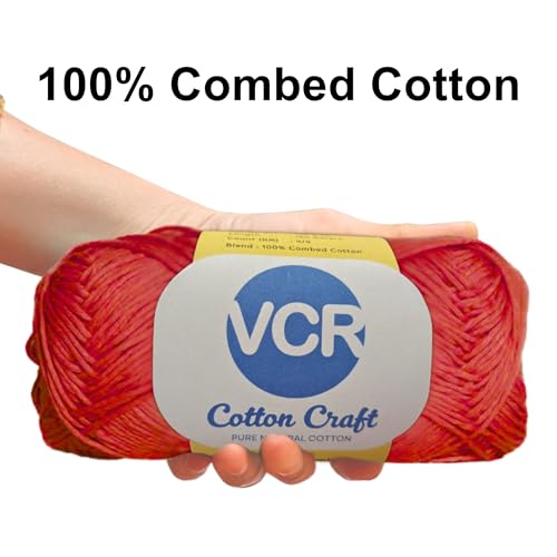Image of VCR 8Ply Bright Red Cotton Craft Yarn, 100 Grams Hank, 160 Meters Length, Cotton Combed Ball for Crochet and Knitting, Pack of 1 Yarn, Suitable for DIY Crafts