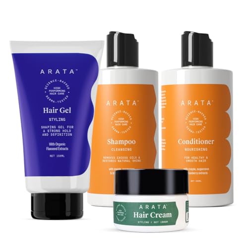 Image of Arata Natural Hair Care Essentials For Women & Men With Cleansing Shampoo (300 ML), Conditioner (300 ML), Hair Gel (150 ML) & Hair Cream (100 ML) | All-Natural, Vegan & Cruelty-Free | Plant-Based, Non-Toxic Hair Cleansing & Styling