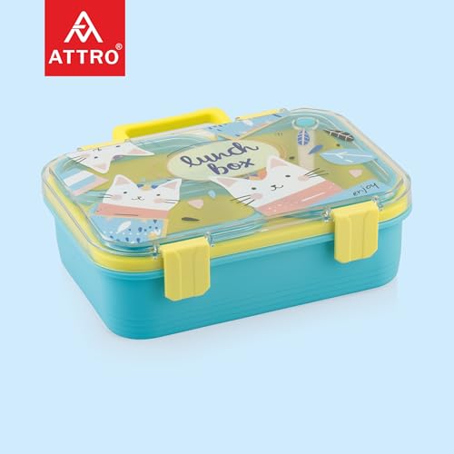 Image of ATTRO Kitty Kart Plastic Lunch Box - 3 Compartment Bento Tiffin, Leak-Proof & Durable, Plastic Cutlery, Ideal for Kids, School,Picnic - 800ml, Yellow Blue