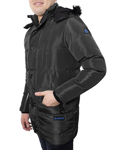 Image of Mens Lightweight 3 /4 Long Down Parka Jacket Winter Zip Up Water-Resistant Fur Trim Black Melvin Hooded Puffer Coat (M), (712484)