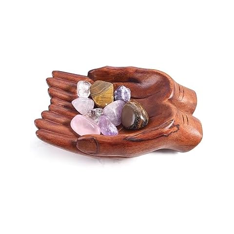 Eiyye Carved Hands Decorative Bowl, Crystal Holder for Stones, Crystal Shelf Offering Hands Sculpture, Key Bowl Wooden Decorative Tray For Entryway Table Cover