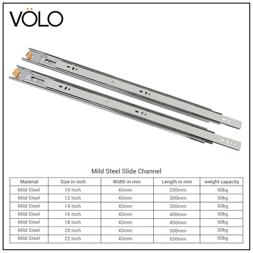 Image of Volo Heavy Duty Drawer Slides, Full Extension Ball Bearing Runners | Pack of 2 Piece | Channels for Kitchen Cabinets, Wardrobes, and Dressers (Mild Steel, 22 Inch)