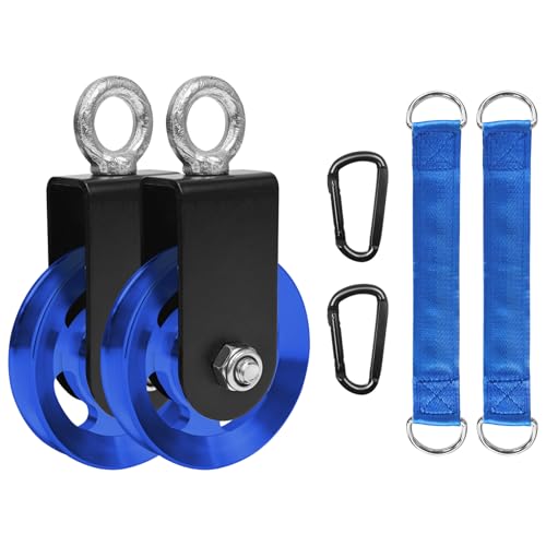 LFJ Aluminum Alloy Cable Pulley with Swing Strap Carabiner, 90mm Pulley Wheel for LAT Pulley System DIY Pull Down Attachment,Ladder Lift,Home Gym Equipment (Aluminum Alloy, Blue-2Pack)