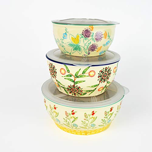 Up To 40% OFF Euro Ceramica Ella 3 Piece Nesting Storage Bowls Set with Lids Assorted Multicolor Asian Floral Design
