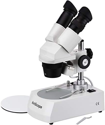 AmScope SE305-P Binocular Stereo Microscope, WF10x Eyepieces, 10X and 30X Magnification, 1X and 3X Objectives, Upper and Lower Halogen Lighting, Reversible Black/White Stage Plate, Pillar Stand, 120V