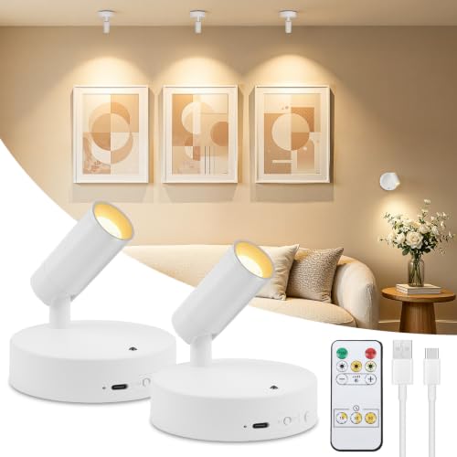 Dehobo LED Aplique Lámpara Inalámbricas con Control Remoto - Foco LED Recargable con Temporizador y Ajuste de Brillo - Ajuste Ángulo 350° Ideal para Plantas, Pintura y Obras de Arte, Blanco, 2 Pieza