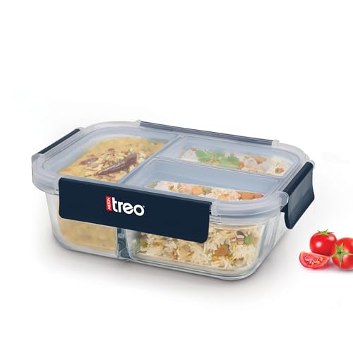 Image of Treo by Milton Clip Fresh Rectangle 3-Compartment Glass Container 1000 ml| High Borosilicate Glass | Airtight & Leak-Proof | Microwave & Fridge Safe | Ideal for Meals, Snacks & Fruits, Transparent