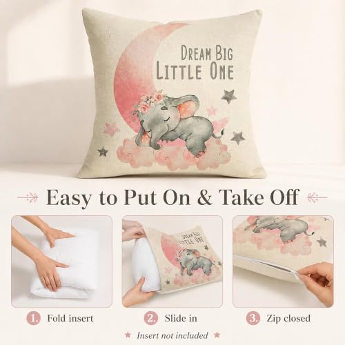 Image of Dream Big Little One Pillow Cover 16x16in Baby Elephant Nursery Decor