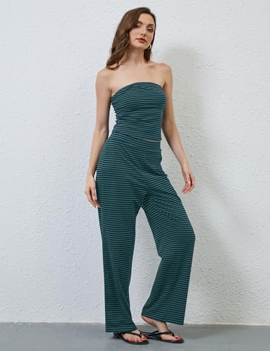 Women Sailor Tube Top Set 2 Piece Outfits Striped Strapless Bandeau Low Waist Wide-Leg Pants Lounge Sets4