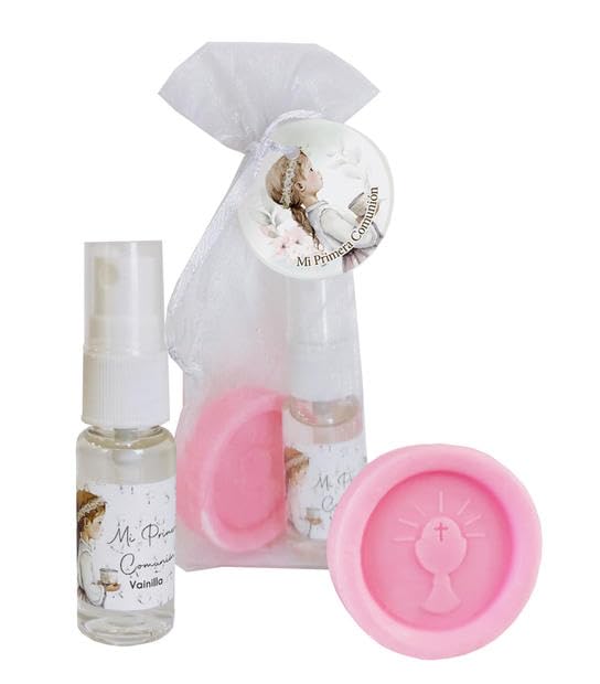 JABON Y BOTE COLONIA VAINILLA 20ML Y BOLSA CON TARJETA COMUNION NIÑA CONFIRMACION LOTE 25 unidades Recuerdos. Regalos Originales. Papelería.Detalles de invitados, mi primera Comuniones, Cumpleaños.