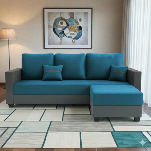 Image of FURNY Aura 4 Seater L Shape Sofa Set with Movable Ottoman | Flexible Left or Right Layout | Plush Velvet Fabric (Aqua Blue-Dark Grey) | Perfect for Living Room, Guest Room & Office