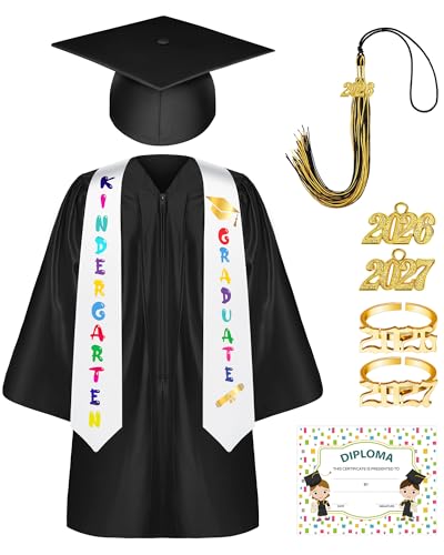 Sasylvia 9 Pcs Kindergarten Preschool Graduation Gown Cap Set with 2026 2027 Tassel Kids Graduation Stole Rings Certificate(Size 27,Black)