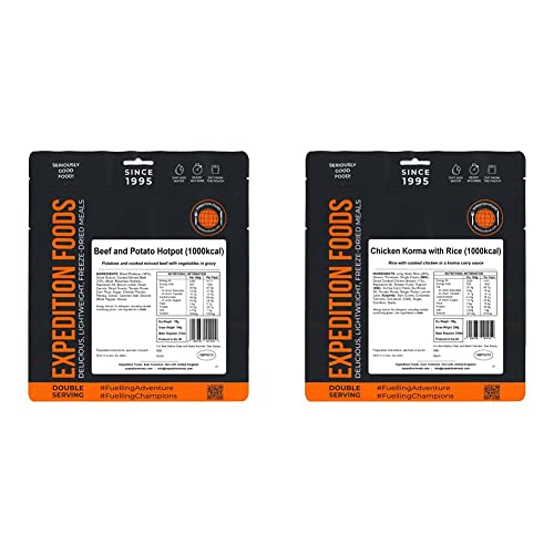 EXPEDITION FOODS expeditionfoods.com Beef and Potato Hotpot | Double Serving | 1000kcal Meal & Chicken Korma with Rice (Double Serving / 1000KCAL) | Freeze-Dried Camping & Hiking Food