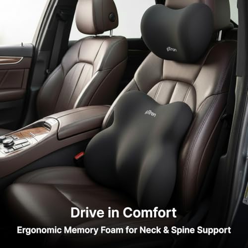 Image of pTron Ergova S3 Memory Foam Car Neck & Lumbar Support Cushion Set for Driving, Ergonomic Design for Long Drive Comfort, Universal Fit for All Cars (Black)