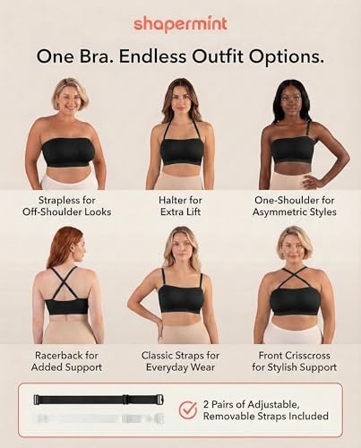 Image of SHAPERMINT Strapless Bra, Wireless Non-Slip Bandeau, Convertible Straps, Molded Strapless Bras for Women S to Large Breasts