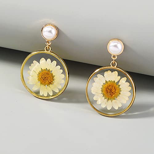 Bg&Wling Pressed Flower Silver Post Earrings For Women Hypoallergenic Daisy Flower Resin Round Circle Dangle Drop Earrings Fashion Jewelry For Women Girls (Pearl Post) #TOP3