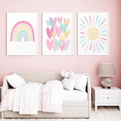 Image of 3Pcs Pink Nursery Canvas Wall Art Pastel Rainbow Sun Hearts Posters Prints Boho Pink Sunshine Painting Wall Decor Pictures for Toddler Girls Baby Kids Room Decoration, Unframed 16x24in