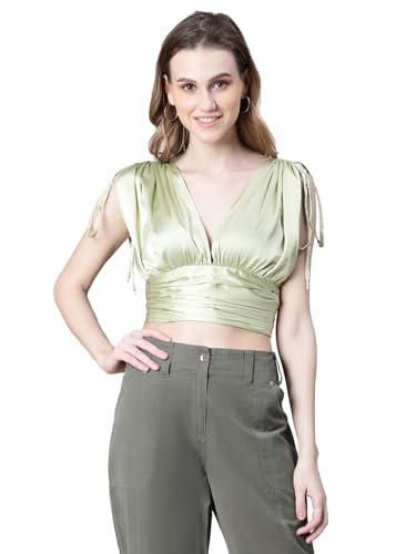 Image of oxolloxo Women Solid V-Neck Elasticated Tie-Up Satin Crop Top