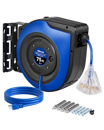 Retractable Cord Reel, 75 FT Heavy Duty Extension Cord, 14AWG/3C SJTOW, 3 Grounded Outlets Lighted Triple Tap, 10A Circuit Breaker, Wall/Ceiling Mounted, UL Listed, Blue U75CR06
