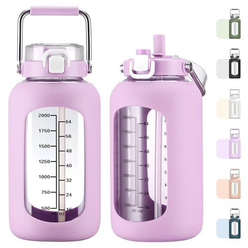 MUKOKO 84oz Glass Water Bottle with Time Marker Purple