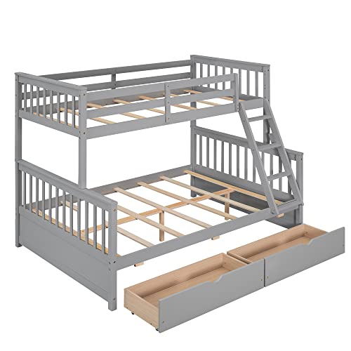 Harper & Bright Designs Bunk Bed With Drawers, Twin Over Full Bunk Bed, Solid Wood Bunk Bed Frame With Ladders & 2 Storage Drawers, Bedroom Furniture(Gery, Twin/Full With Drawers) #TOP5