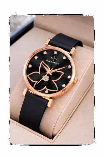 Image of CHARLIEKEEN Women's Watch, Analog Dial with Rose Gold Flower Design, Crystal Accents, Soft Silicone Strap