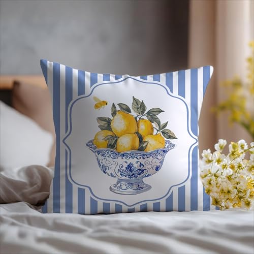 Image of Chinoiserie Lemon Summer Pillow Cover 18x18,French Country Lemon Home Decor,Farmhouse Blue and White Striped Fruit Botanical Decorative Lumber Throw Pillow Cover for Home Bedroom Living Room