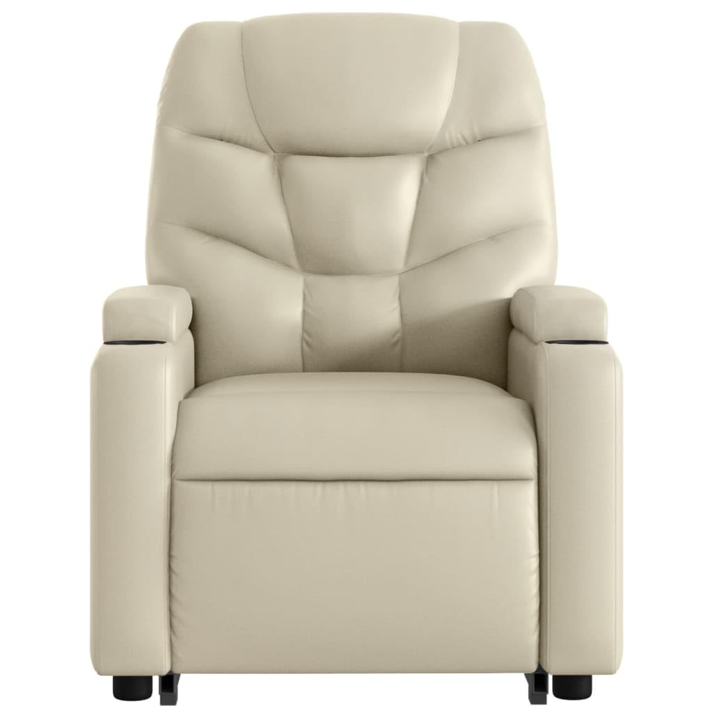 Sillón elevador eléctrico reclinable de piel sintética color crema con función de elevación y reclinación manual hasta 135 grados, cómodo con portavasos y bolsillo lateral