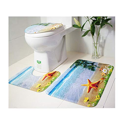 Makaor Bathroom Rugs Set of 3, Ocean Beach Style Non Slip Washable Bath Shower Mat, Contour Mat & Toilet Lid Cover,Flannel Soft & Quick Dry,Super Absorbent Rug (F, Size A)