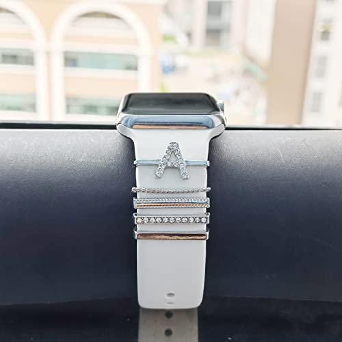 Image of 5Pcs Charms for Apple Watch band 41mm 45mm 40mm 44mm 38mm 42mm 46mm 49mm Women,Diamond+Metal Jewelry Decorative Ring For iWatch series 11 10 9 8 7 6 5 4 se 3 /2,Galaxy watch 7 /6 /5 /4,Strap Accessories