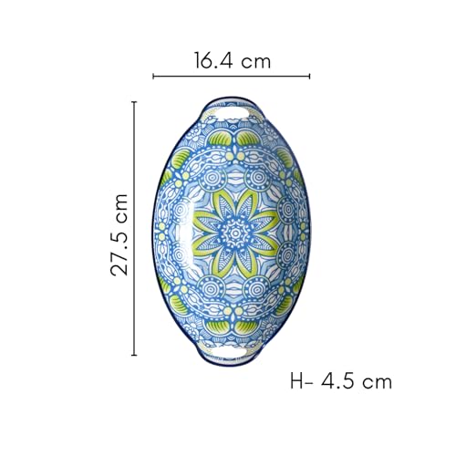 Image of Nestasia Set of 2 Blue and Green Mandala Art Ceramic Long Dish with Handles for Serving Snacks, Appetizers, Salads, and Noodles | Microwave Safe, Dishwasher Safe (10.8 Inch)