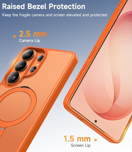 Image of DIZORO Polycarbonate Magnetic Ostand Ring Case, Compatible with Samsung Galaxy S26 Ultra Case Compatible with Wireless Charging,Military Grade Drop Tested,Translucent Hard Back Soft Edge (Orange)