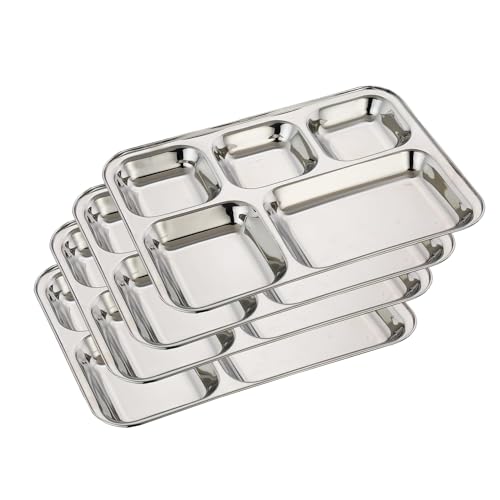 Image of Expresso - Heavy Duty Stainless Steel Rectangle /Square Deep Dinner Plate w /5 Sections Divided Mess Trays for Kids Lunch, Camping, Events & Every Day Use Kitchenware - Set of 4 Pcs